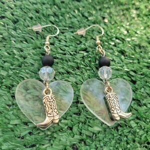 Brand New Hand-made Clear Heart Western Cowboy Boot Earrings 925 hooks